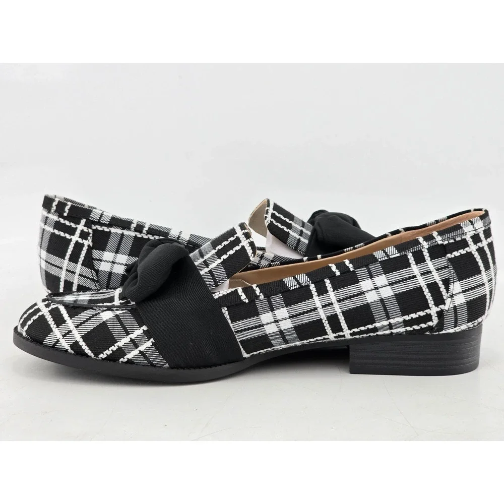 Bandolino Lindio Loafers Womens 9M Black White Plaid Bow Slip On Shoes -VGF